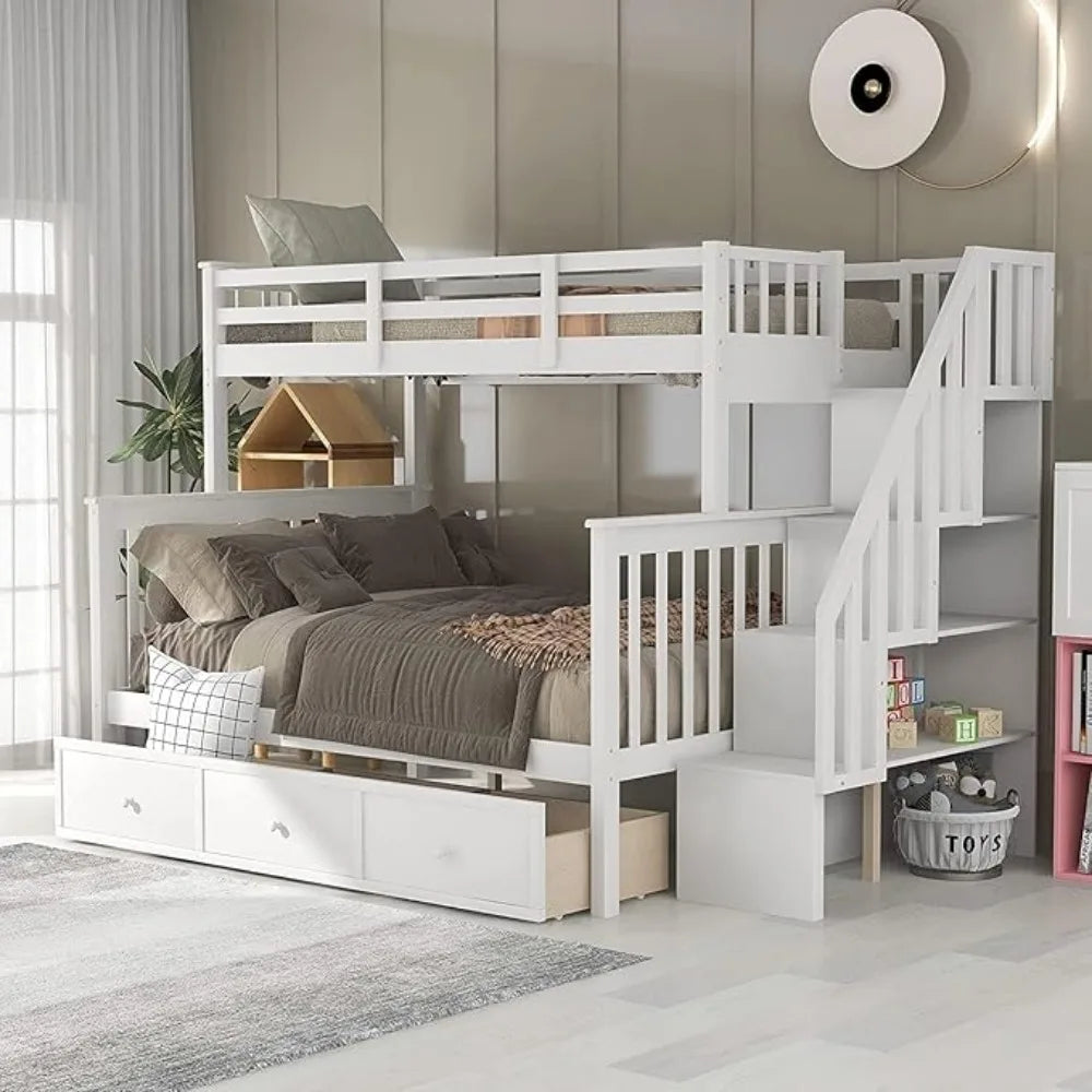 ELEANOR Modern Twin Over Full Bunk Bed with Storage Stairway and Drawers