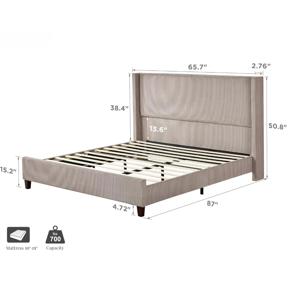 ABIGAIL Modern Queen Platform Bed Frame - 50.8" Corduroy Upholstered Wingback Design