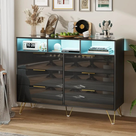 TALIA Modern High-Gloss LED Dresser – 6 Drawer Storage Chest with Open Shelves | 47.2'' W