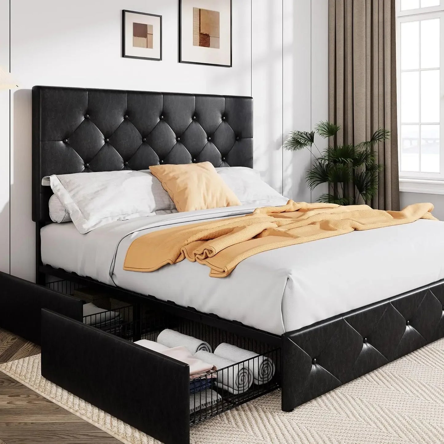 Avani Modern Upholstered King Size Platform Bed Frame with Storage Drawers and 78"W Headboard