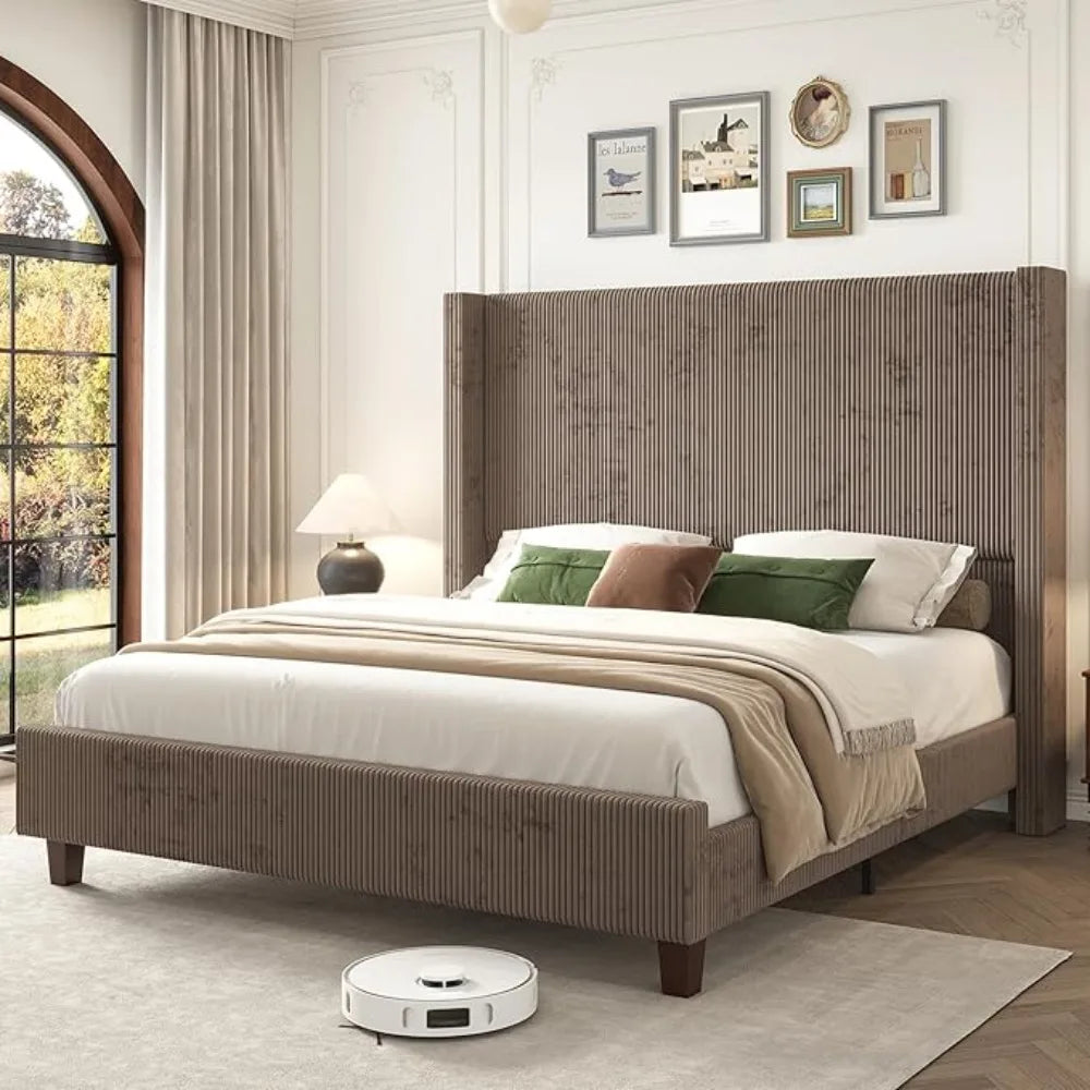 ELLA Modern 61" Corduroy Upholstered Platform Bed Frame with Wingback Headboard, No Box Spring Needed