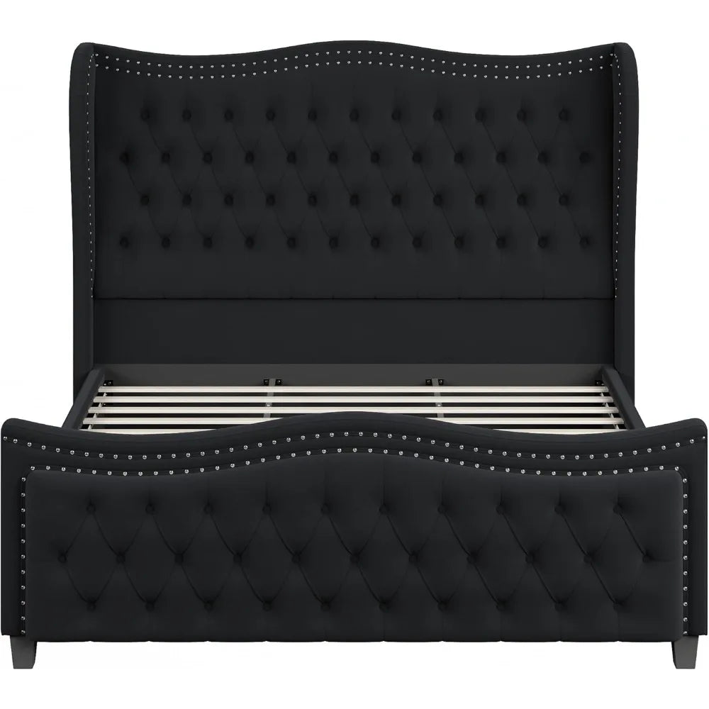 AVERY King Bed Frame, 55" Headboard Upholstered Bed with Tall Footboard, Velvet Handmade Pleats