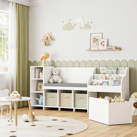 NOAH Reading Nook with Cushion, Bookcase & Storage Cubbies – 67" W