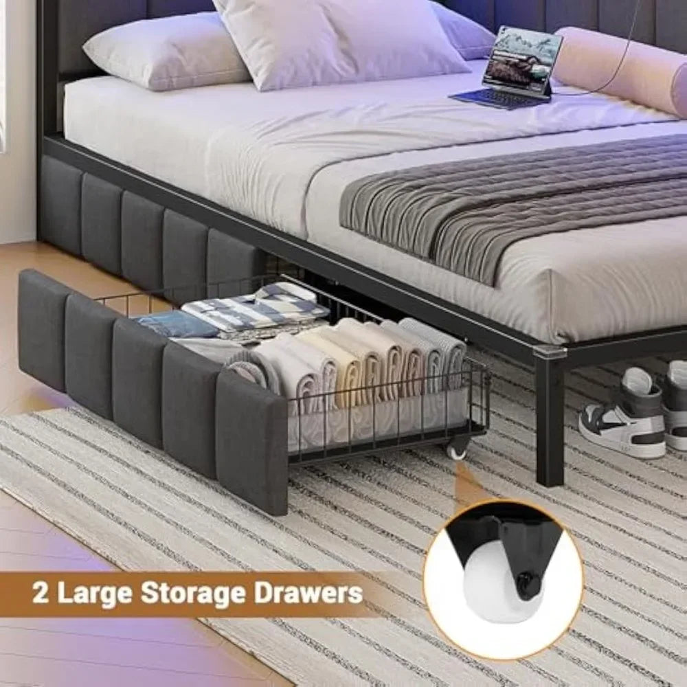 ELENA Modern Twin Size Corner Bed Frame with LED Lights, Charging Station, and Storage Drawers