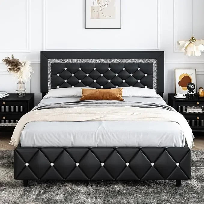 ALINA Modern Queen Bed Frame with Diamond Tufted Upholstered Headboard - 61.81''