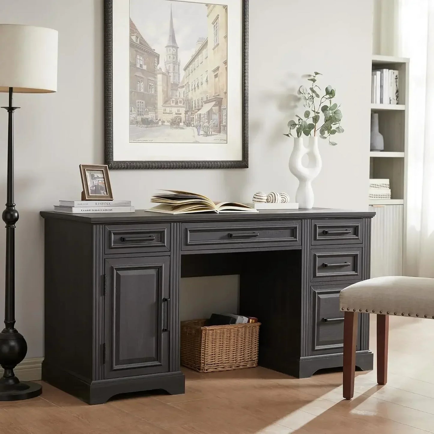 MARY Farmhouse Executive Desk with Drawers & Cabinet – 58" W