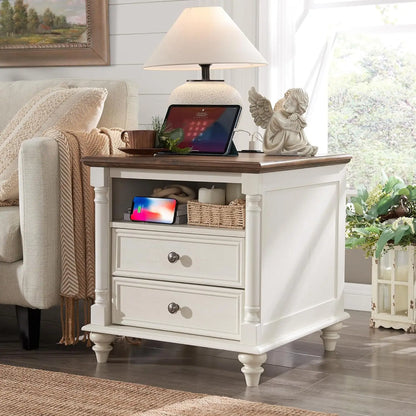 PAYTON Farmhouse End Table - Rustic Wood Nightstand with Charging Station