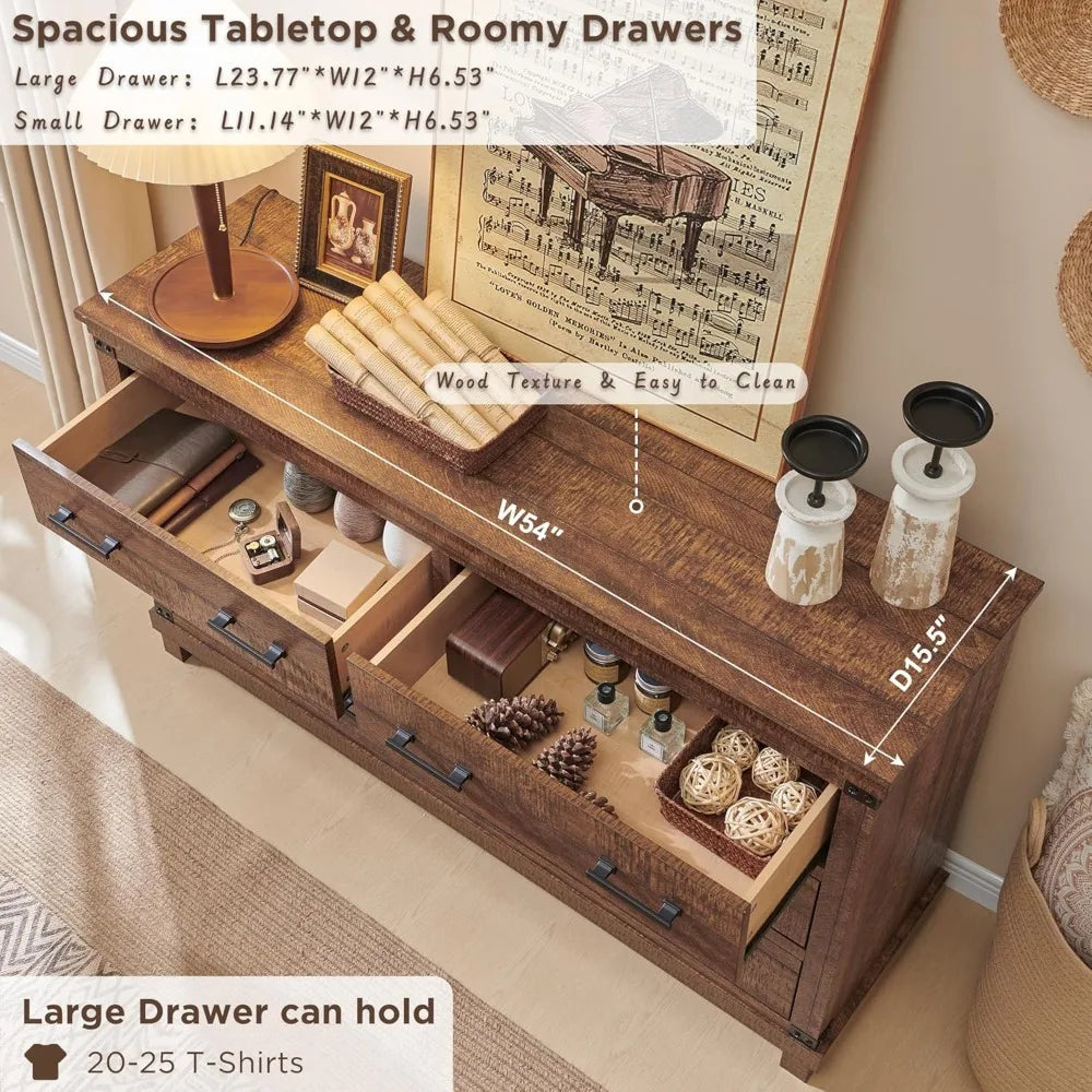 COLLINS Farmhouse 7-Drawer Wood Dresser - 54" Wide Storage Chest for Bedroom & TV Stand
