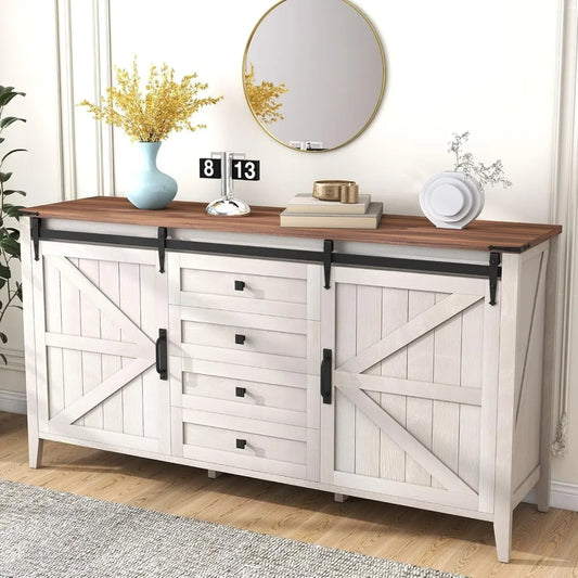 HARMONY Rustic Farmhouse Sliding Barn Door Dresser - 60" Wide Wooden Storage Chest with 4 Drawers