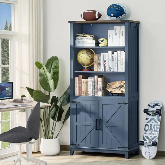 KIMBERLY Farmhouse Bookcase with Barn Doors, Blue Storage Shelf - 31.49" W