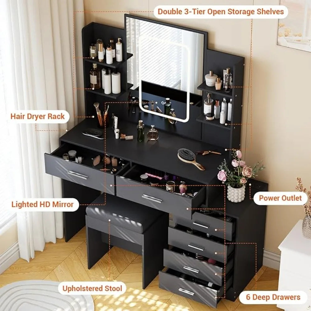 MYLA Modern Black Vanity Desk Set with LED Mirror & 6 Drawers - 43.9" Wide