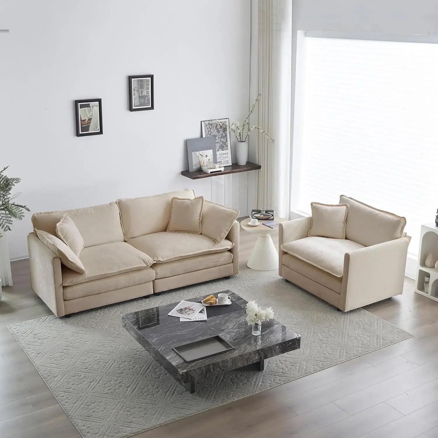 BROOKLYN Modern Chenille Cloud Loveseat Sofa Set – Deep Seat 2-Piece - 111.5”