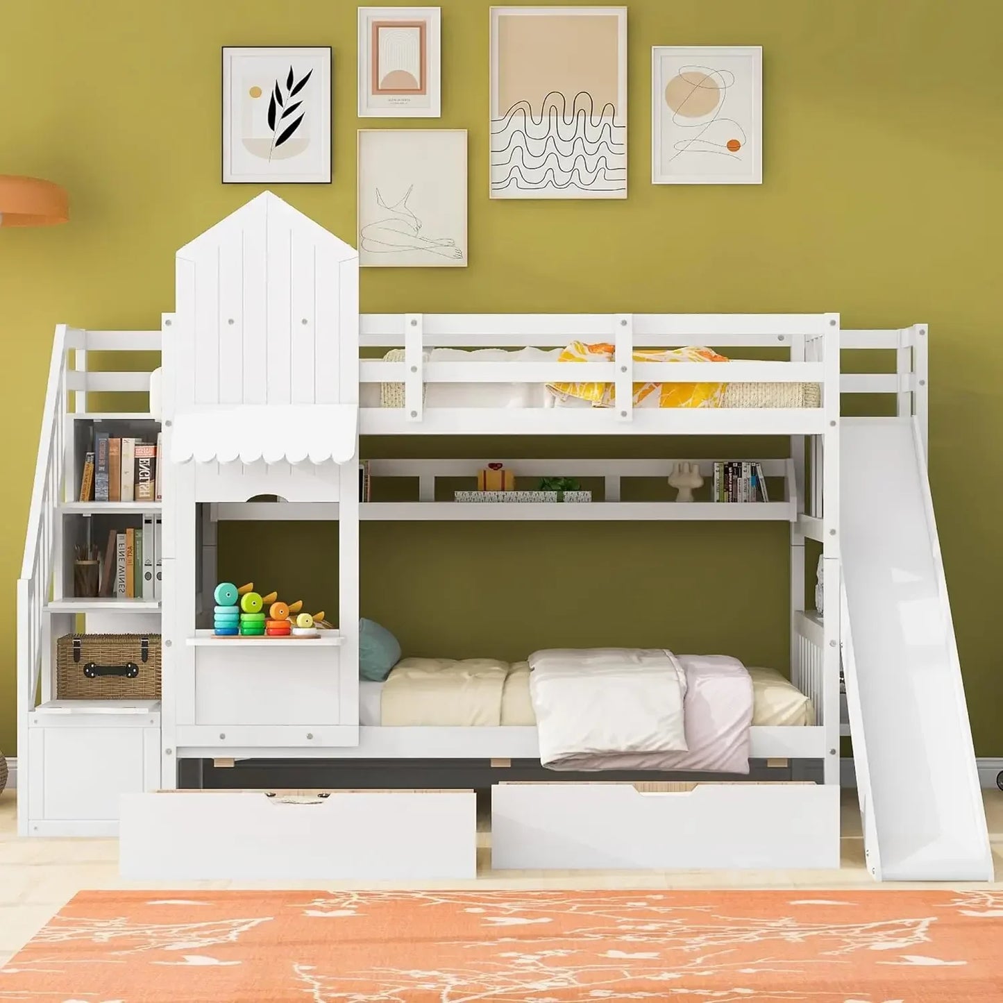 PEYTON Castle Style Wooden Twin Over Twin Bunk Bed with Stairs, Slide & Storage