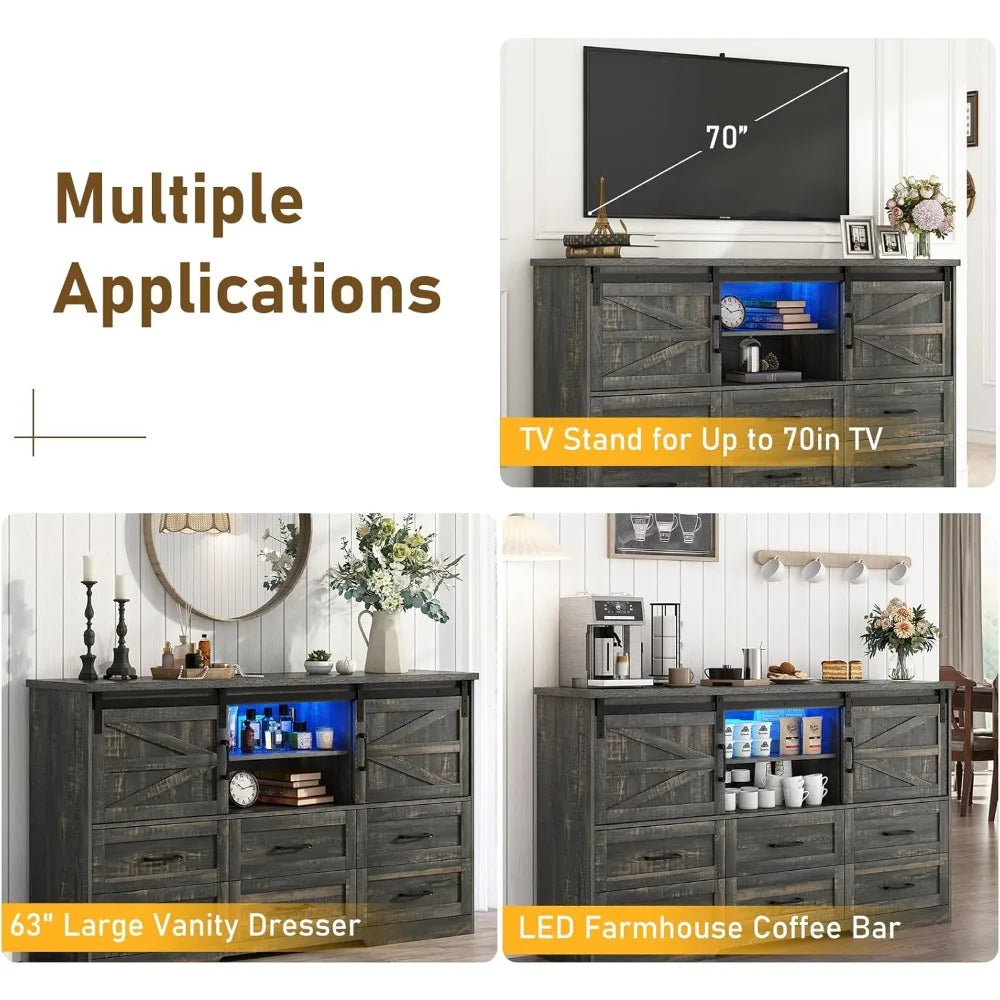 JORDYN Rustic Farmhouse Dresser – 6 Drawer Storage Chest with Sliding Barn Doors & LED Lights | 63'' W