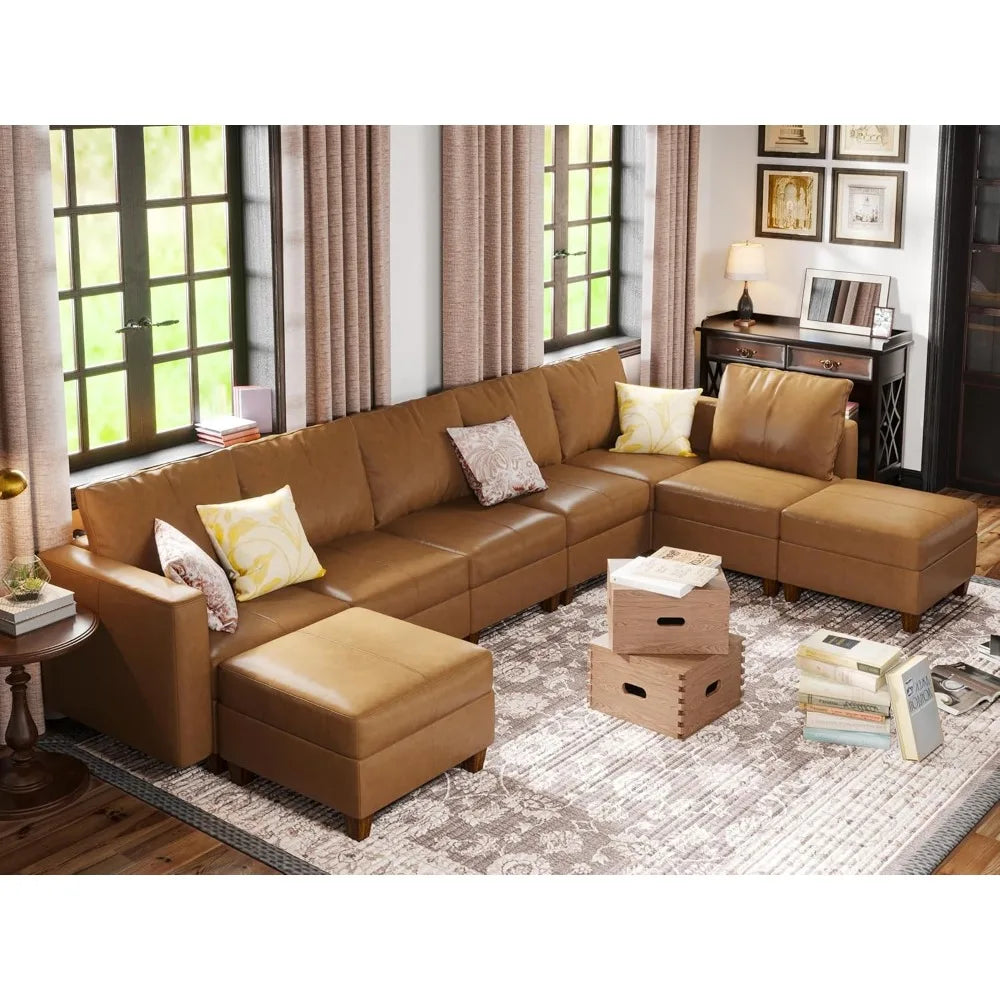 AVERY LuxOra Faux Leather U-Shaped Modular Sectional Sofa | Convertible Sleeper with Storage Ottomans – 118.2″ W