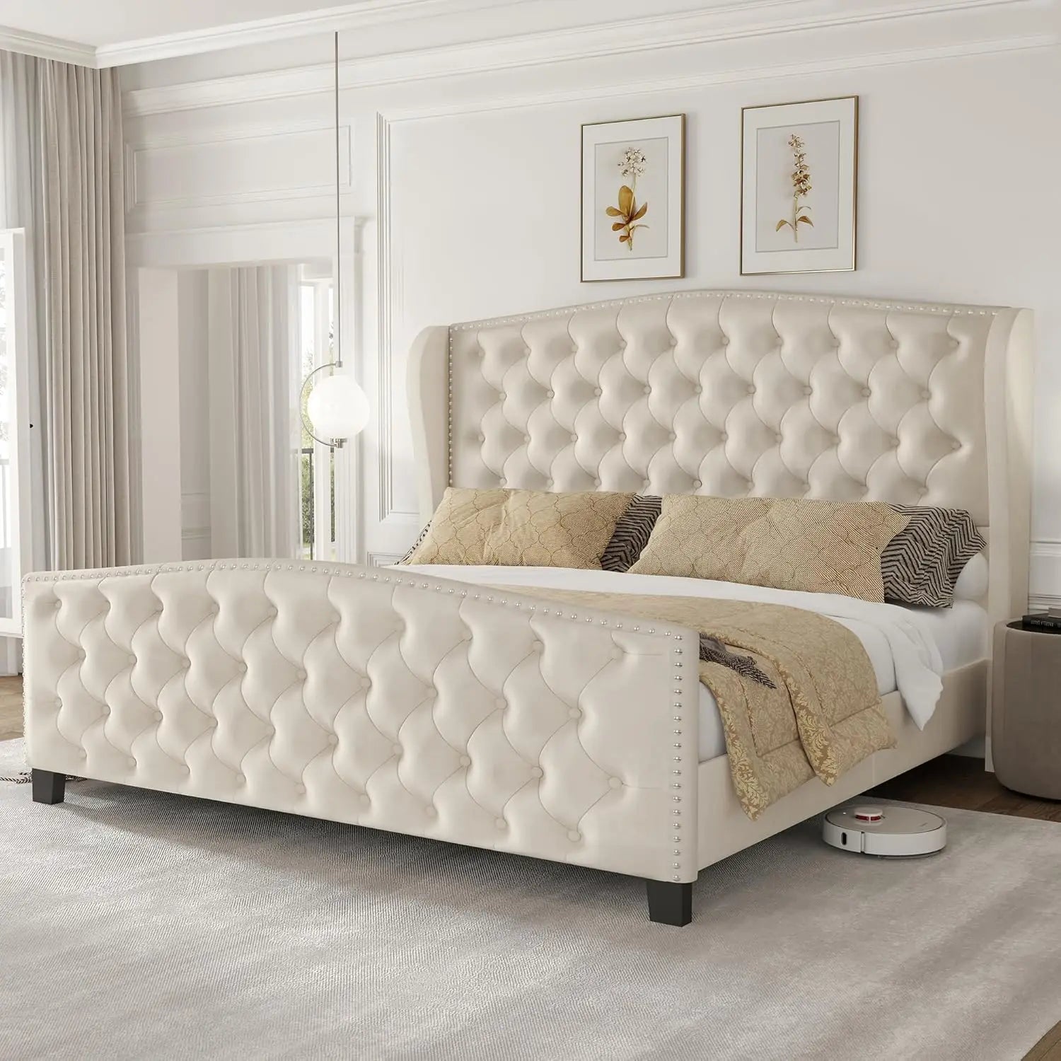 ALICE Luxury Wingback Velvet Upholstered Platform Bed Frame with Button Tufted Headboard