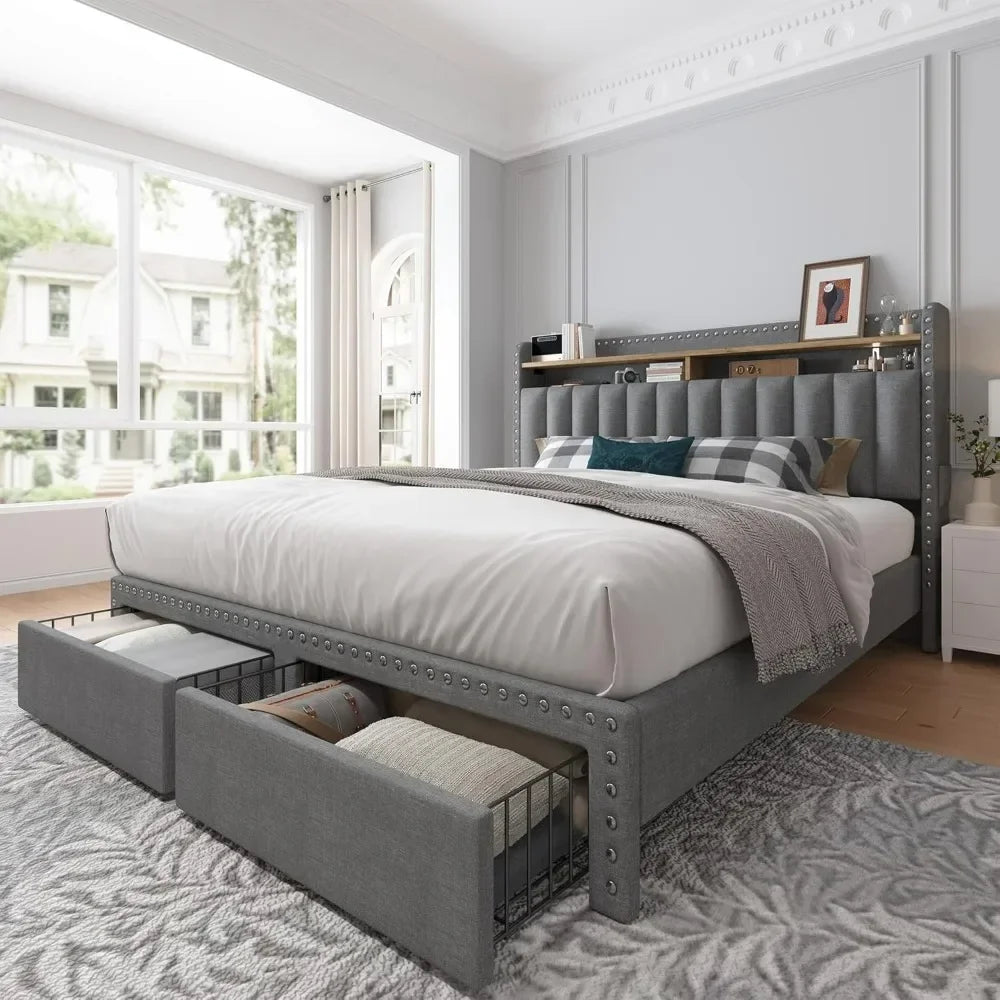 Dania Mordale 62.4'' Wide Modern Upholstered Bed Frame with Storage Drawers and Headboard