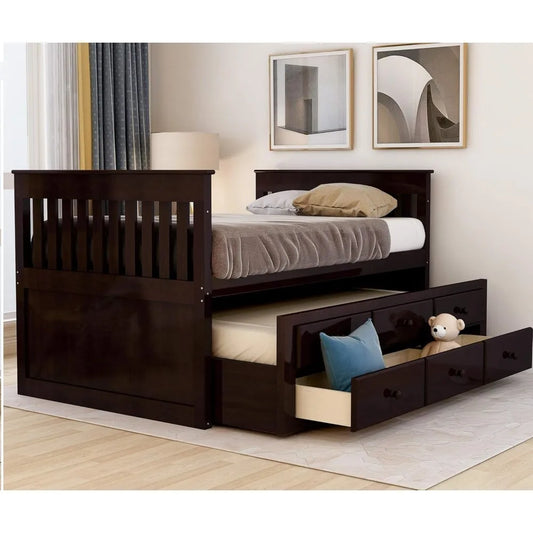 SAGE Espresso Twin Captain’s Bed with Trundle & Storage Drawers - 75.9''