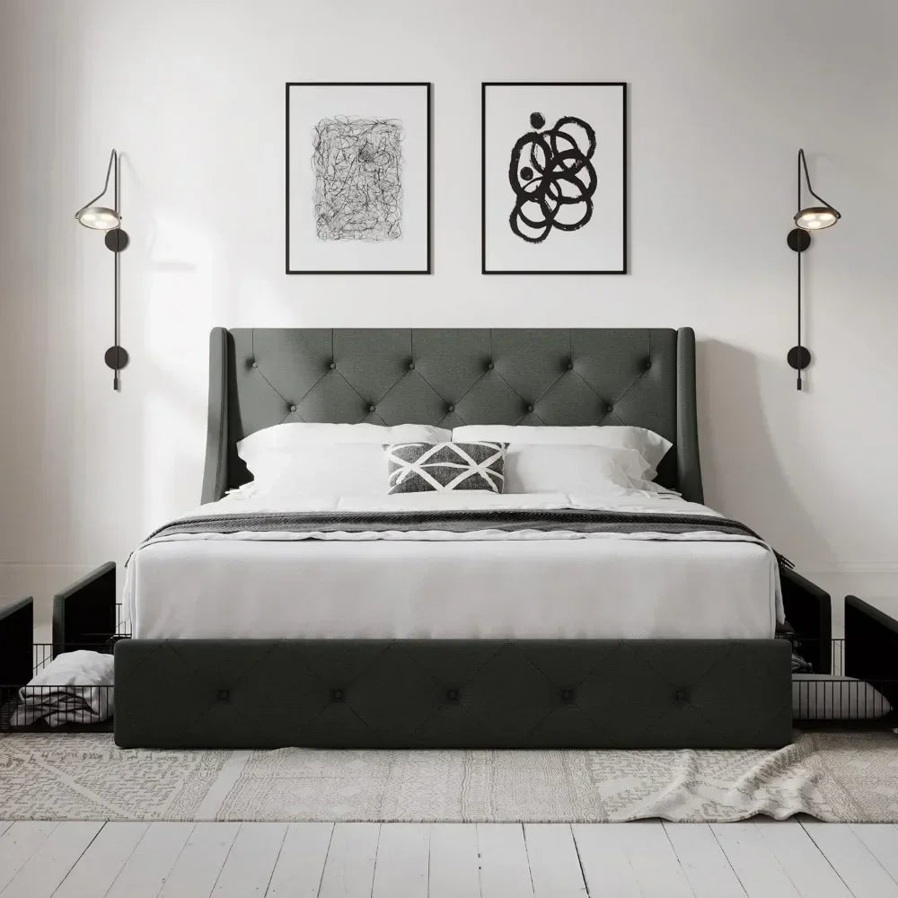 JOSEPHINE Elegant Wingback Upholstered Queen Bed Frame with Storage Drawers - 60"