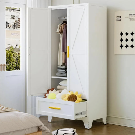 JOY Metal Barn Door Wardrobe Closet with Drawer – 31.5" Wide Steel Armoire