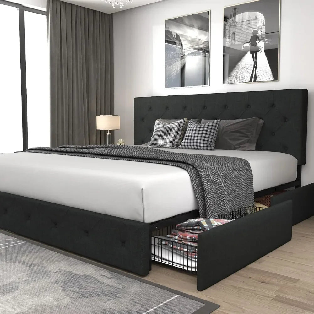 Avani Modern Upholstered King Size Platform Bed Frame with Storage Drawers and 78"W Headboard