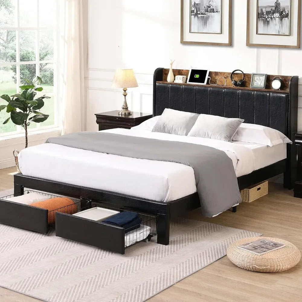 Ailany Modern Upholstered Queen Bed Frame with Storage Drawers