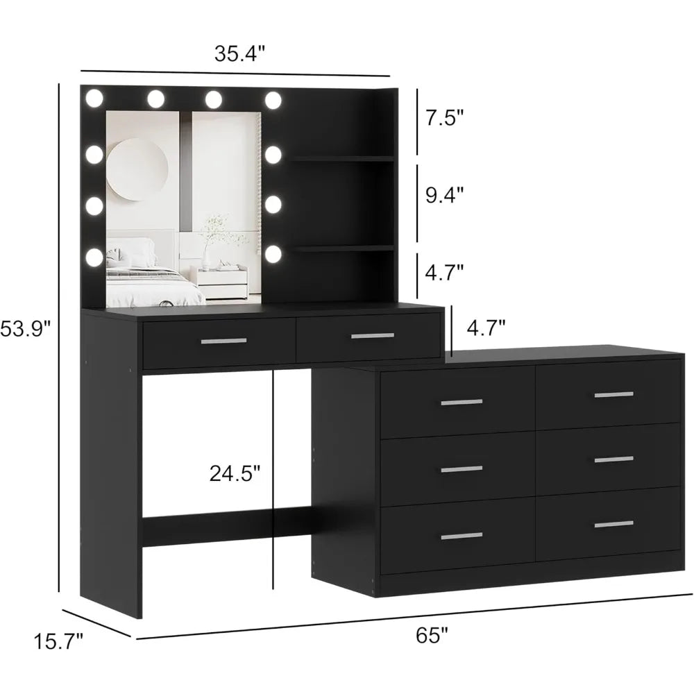 WREN Modern 65" Lighted Makeup Vanity Desk with 8 Drawers & Adjustable Width - Black/White