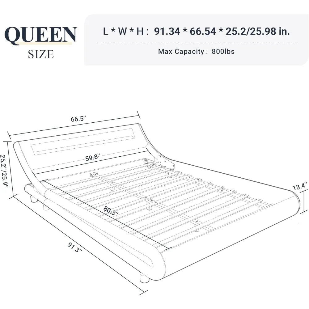 EVELYN Zeroni Modern LED Platform Bed Frame – Faux Leather Queen Bed 66.54'' Wide