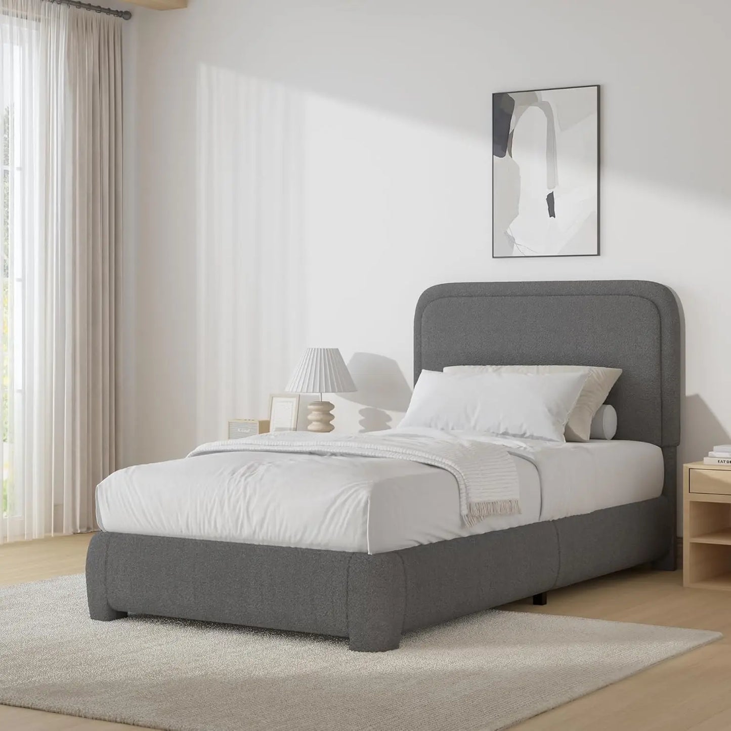 SERENITY Modern Boucle Upholstered Bed Frame with Rounded Headboard - Twin Size