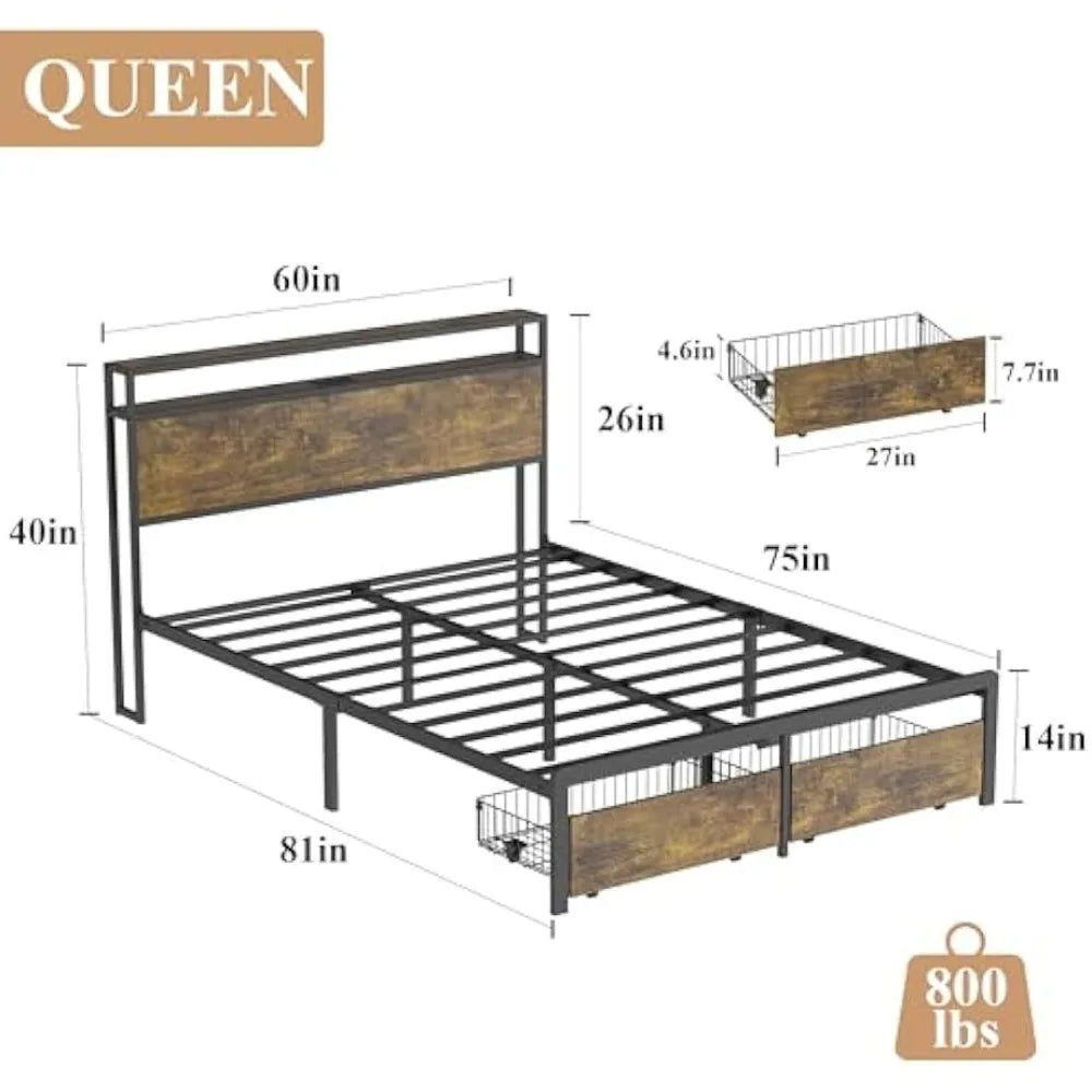 EVERLY Modern Rustic LED Bed Frame with Storage Drawers & Charging Station - 60.2''