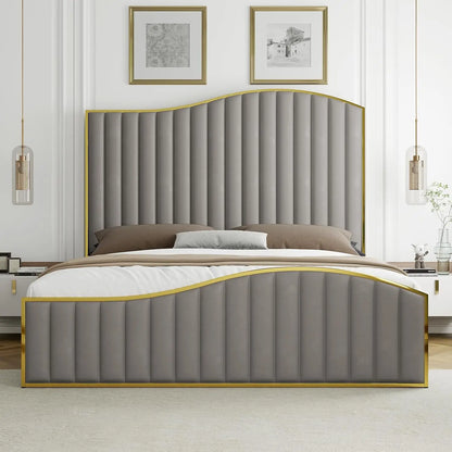 MELODY Modern Harp Velvet Platform Bed Frame – 61.4" Gold Trim Headboard & Footboard