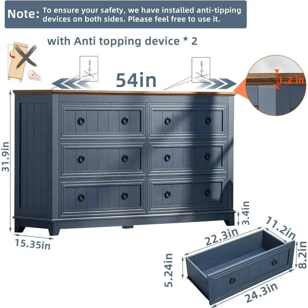 KAMILA Vintage Farmhouse 6-Drawer Wood Dresser - 54'' Wide