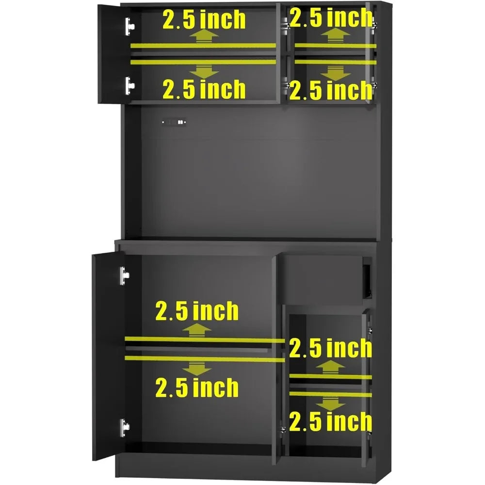 71" Tall Black Kitchen Pantry Cabinet, Kitchen Pantry Storage Cabinet with Power Outlet, Kitchen Hutch with Countertop, Cabinets