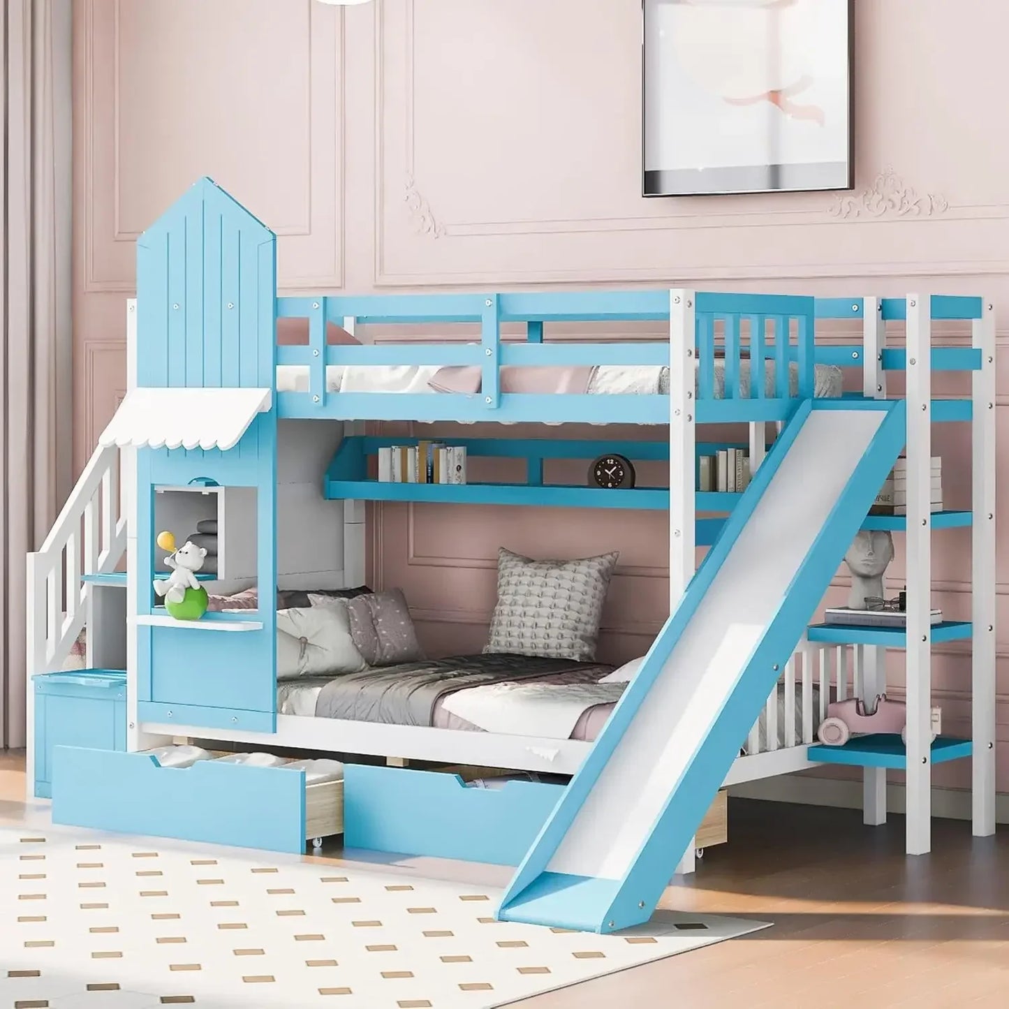 PEYTON Castle Style Wooden Twin Over Twin Bunk Bed with Stairs, Slide & Storage