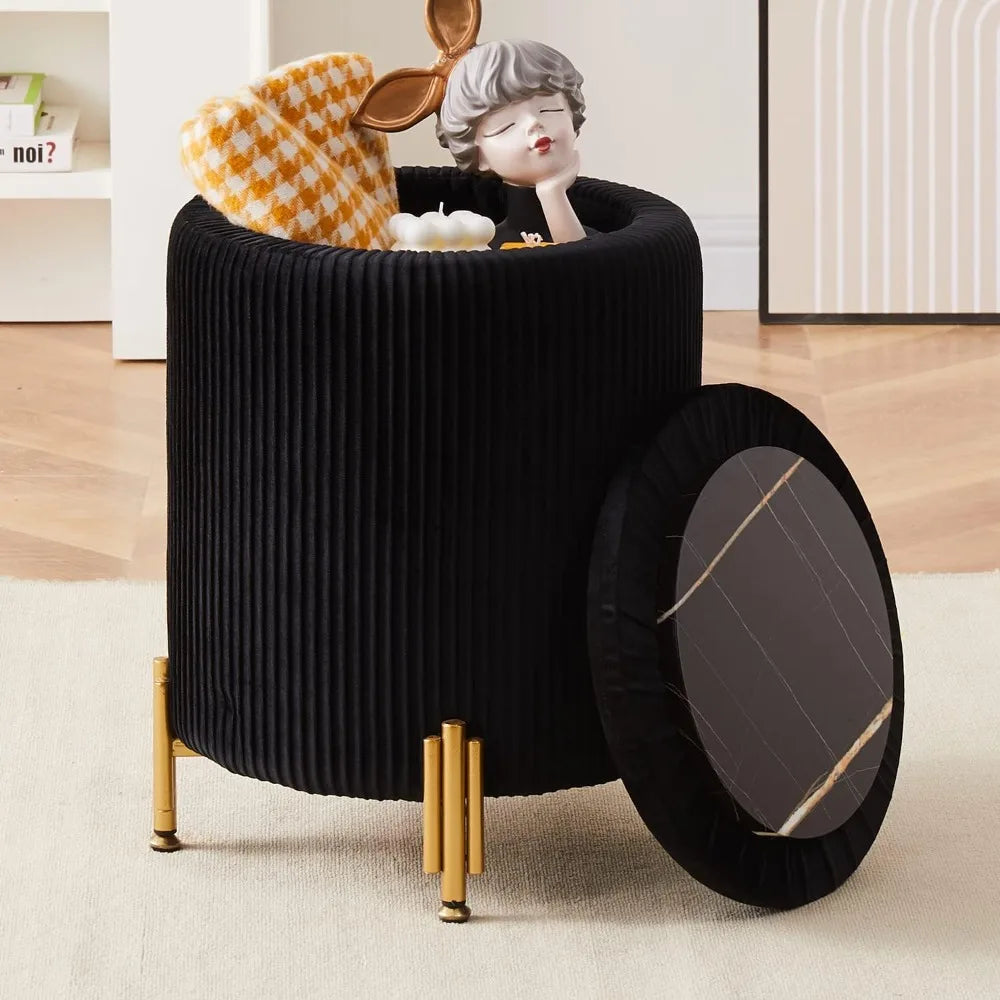 Ayden Round Velvet Upholstered Ottoman with Storage and Metal Legs - 13.8" W