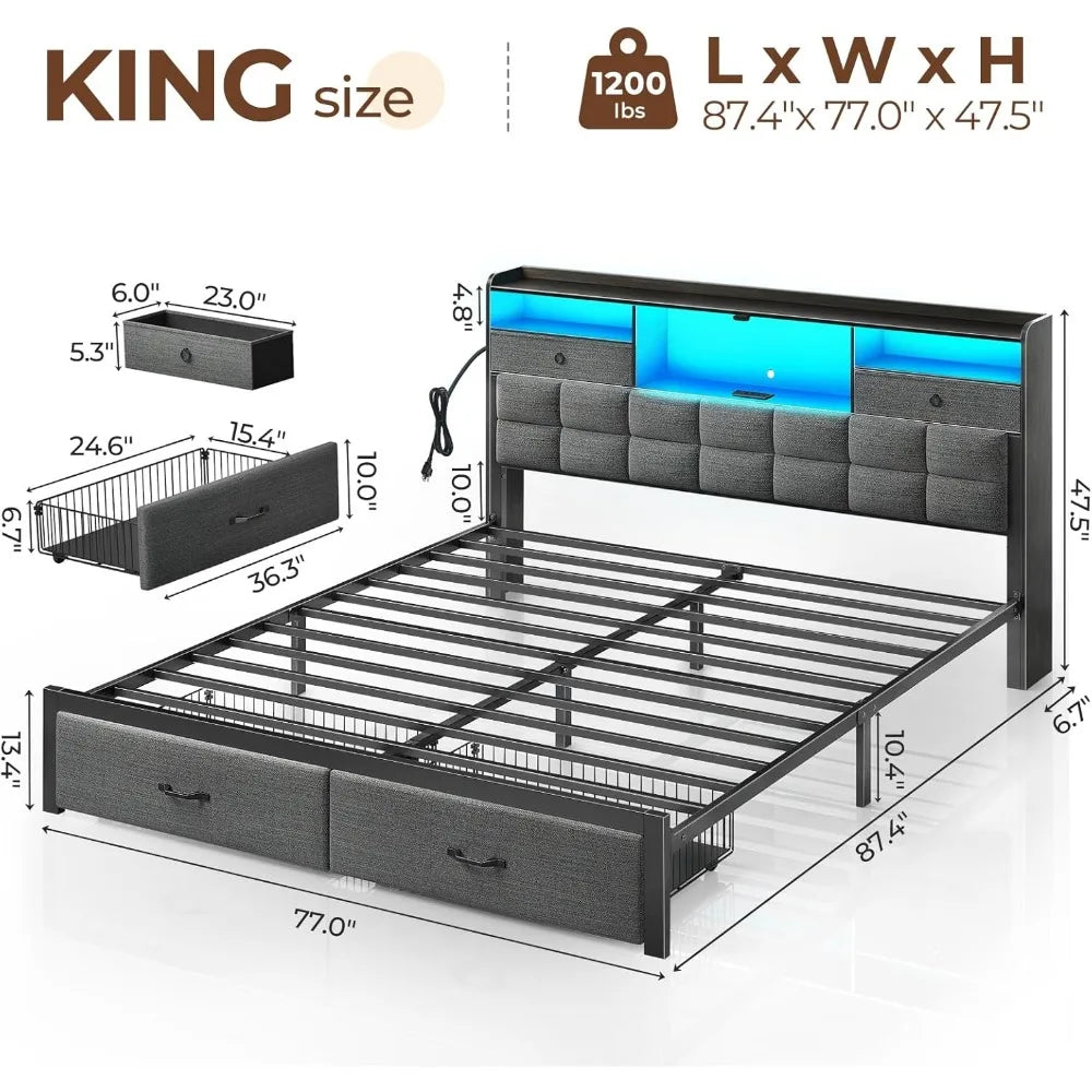 VICTORIA Modern Upholstered King Size Platform Bed with Storage & LED Headboard – 76"