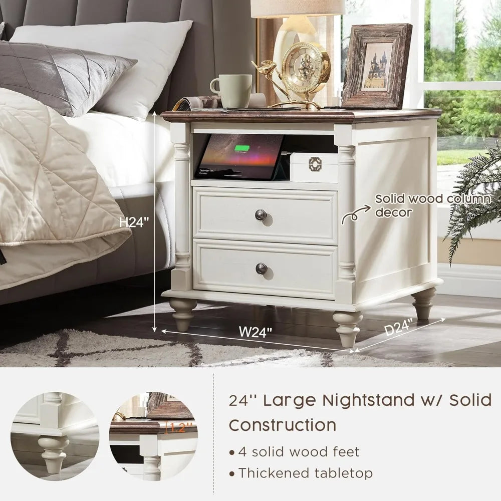 PAYTON Farmhouse End Table - Rustic Wood Nightstand with Charging Station