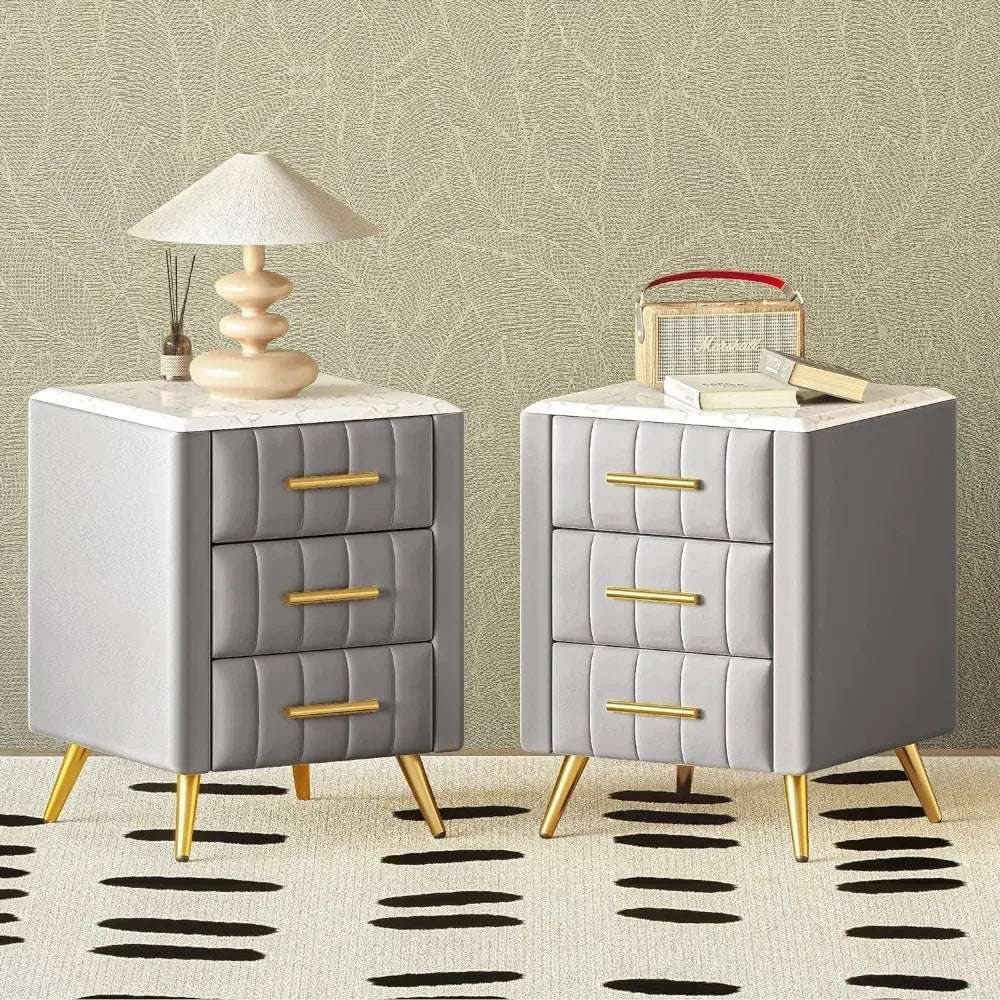 NYLAH Elegant Velvet Upholstered Nightstand with Marbled Top – 16.3" Wide, 3-Drawer End Table