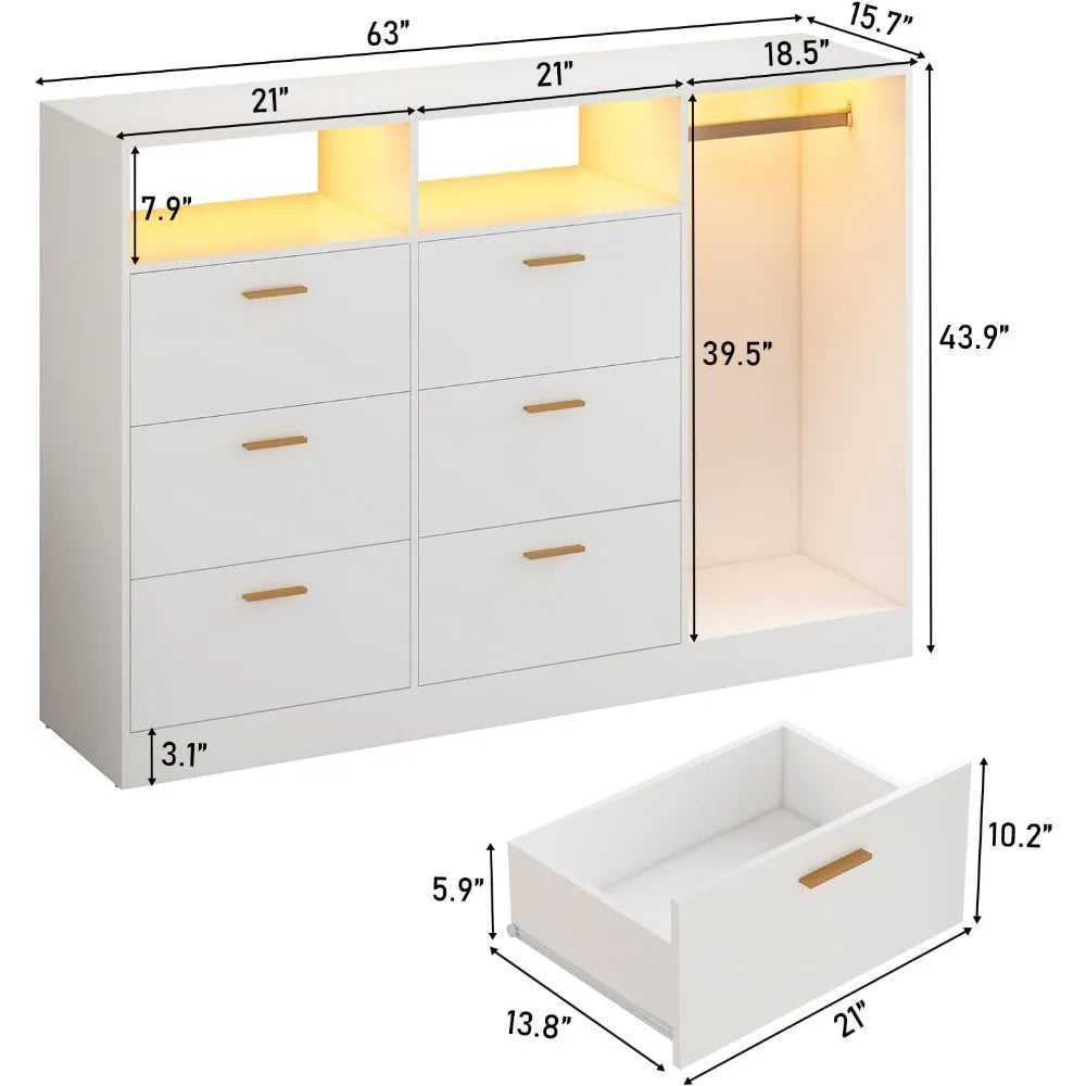 MACKENZIE Modern White LED Storage Dresser with Clothes Rack - 63'' Wide