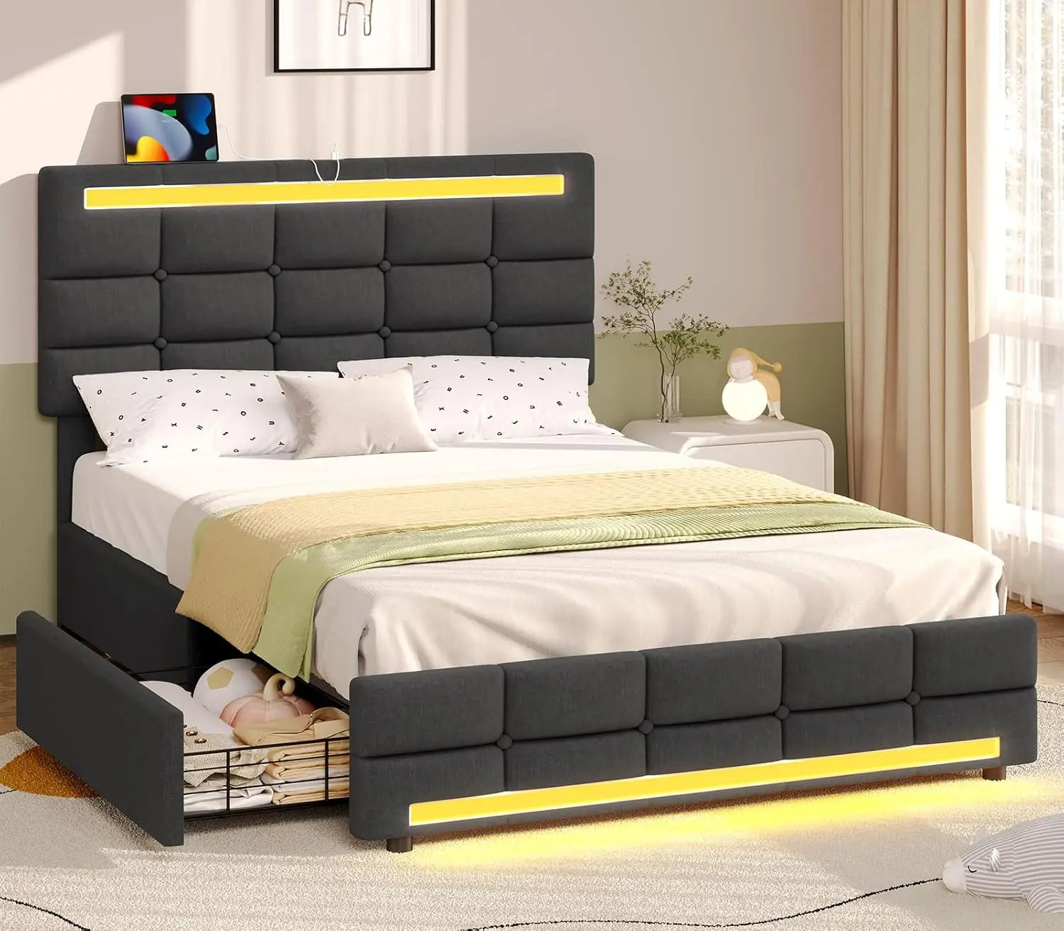 Maeve Modern Queen Bed Frame with Adjustable LED Headboard and Storage Drawers