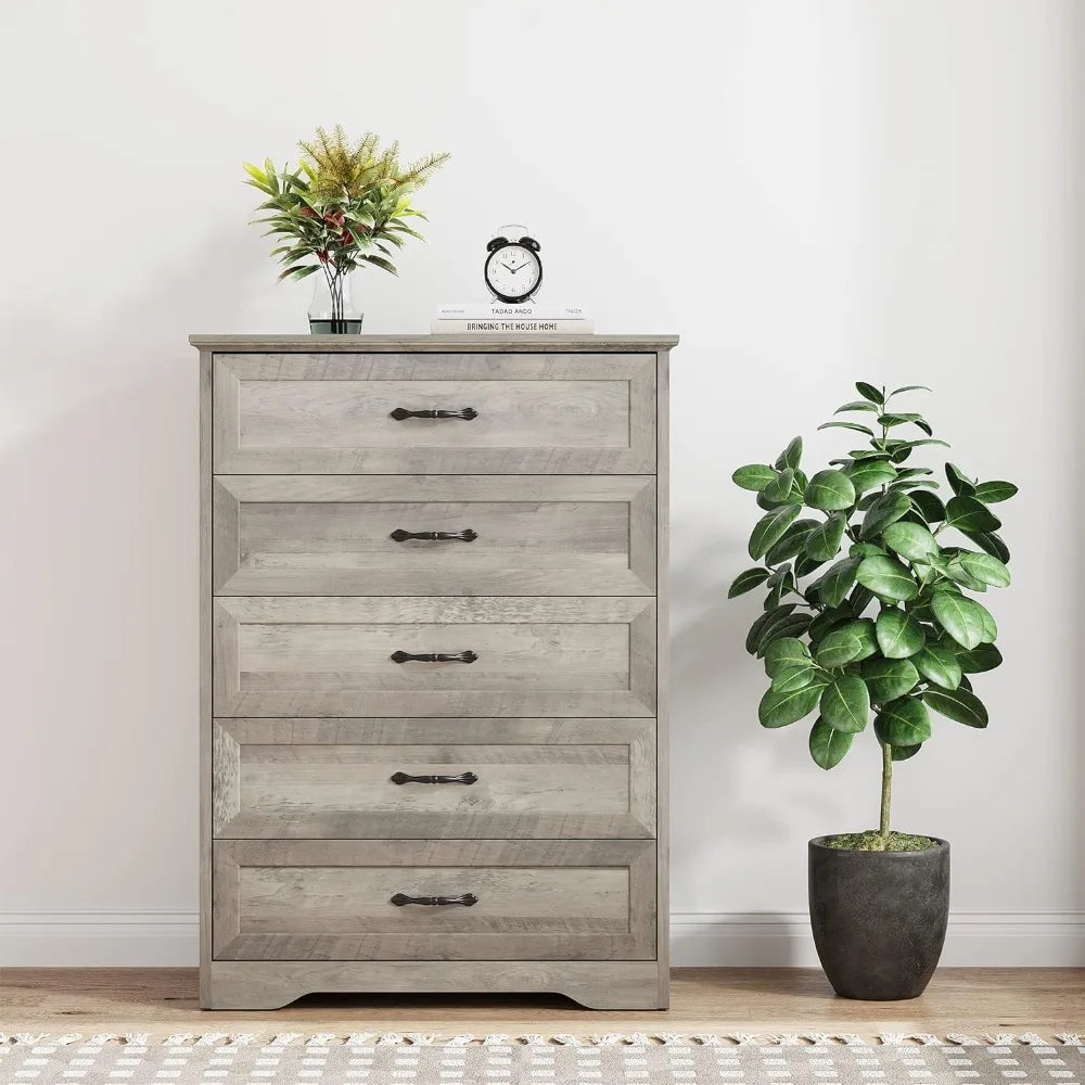 KATHERINE Rustic Grey 5-Drawer Chest - Wooden Bedroom Dresser 31.5''