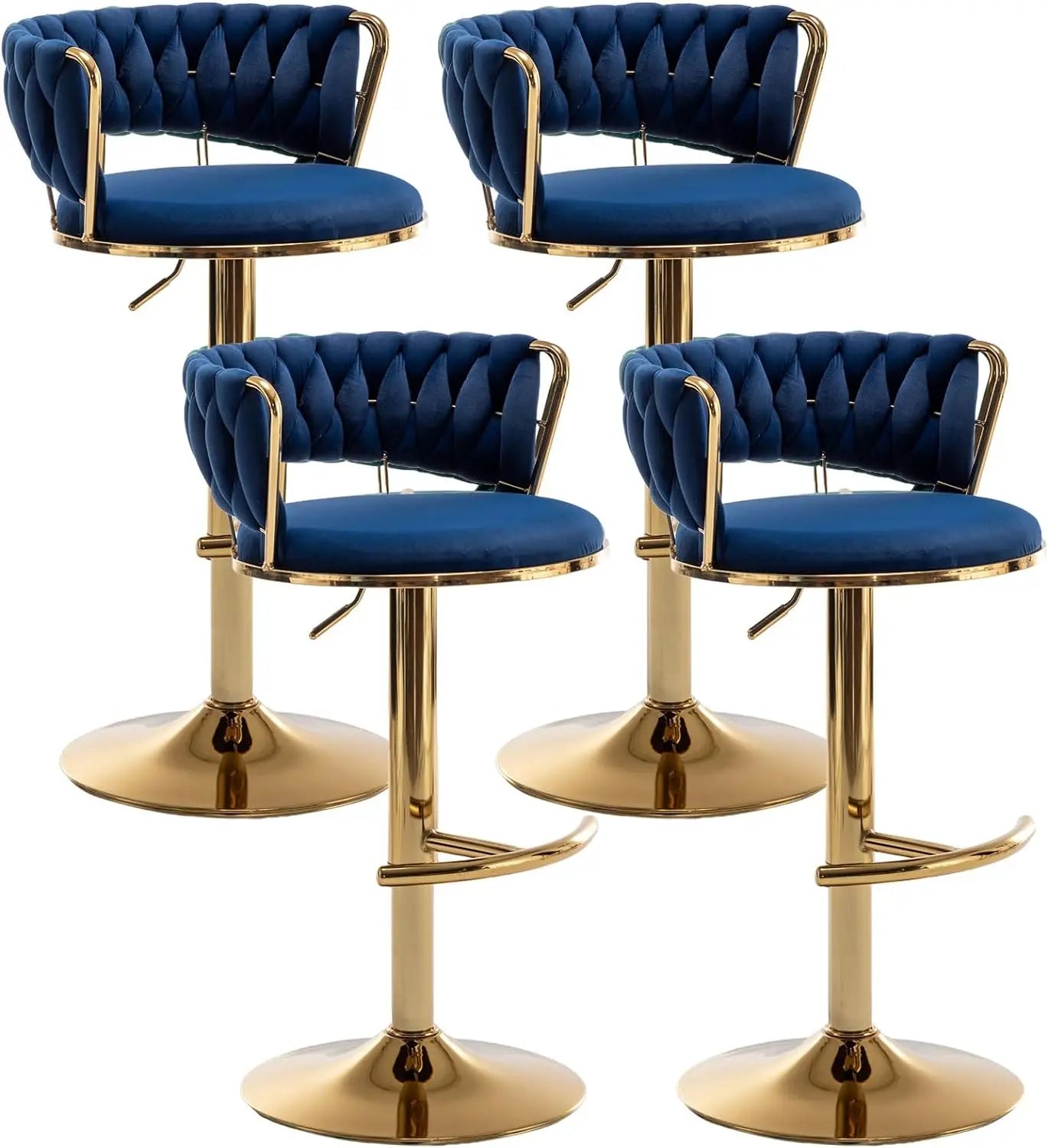 Gold Bar Stools Set of 4, Counter Height Bar Stools with Low Back, Velvet Adjustable Height Barstools, 360° Swivel Bar Stools