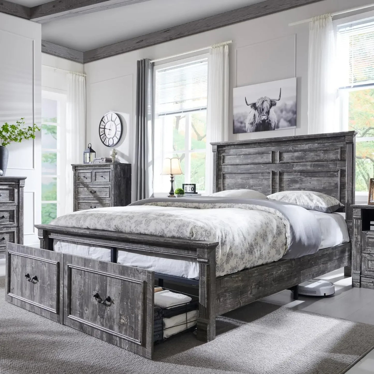 Azari Rustic Farmhouse Queen Bed Frame | Country Style Wood Platform