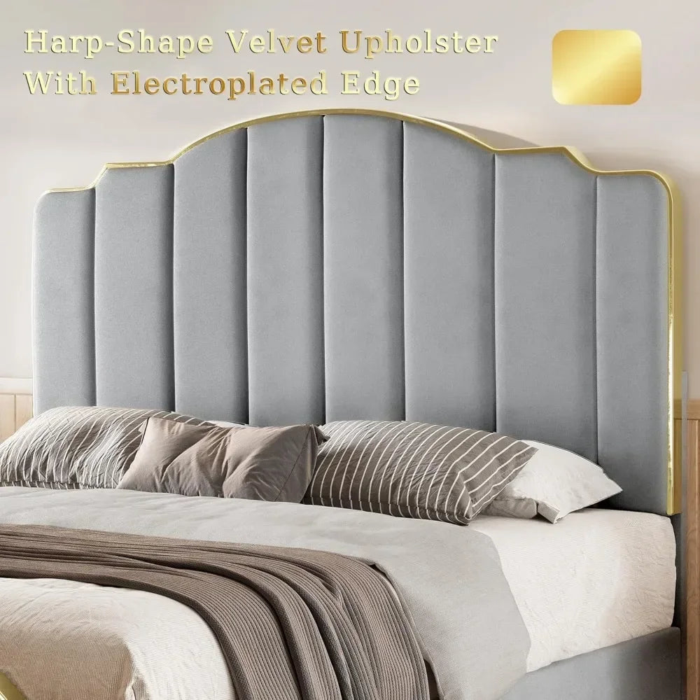 GEORGIA Harp-Style Velvet Queen Bed Frame with Gold Trim – 60” Wide Platform Bed