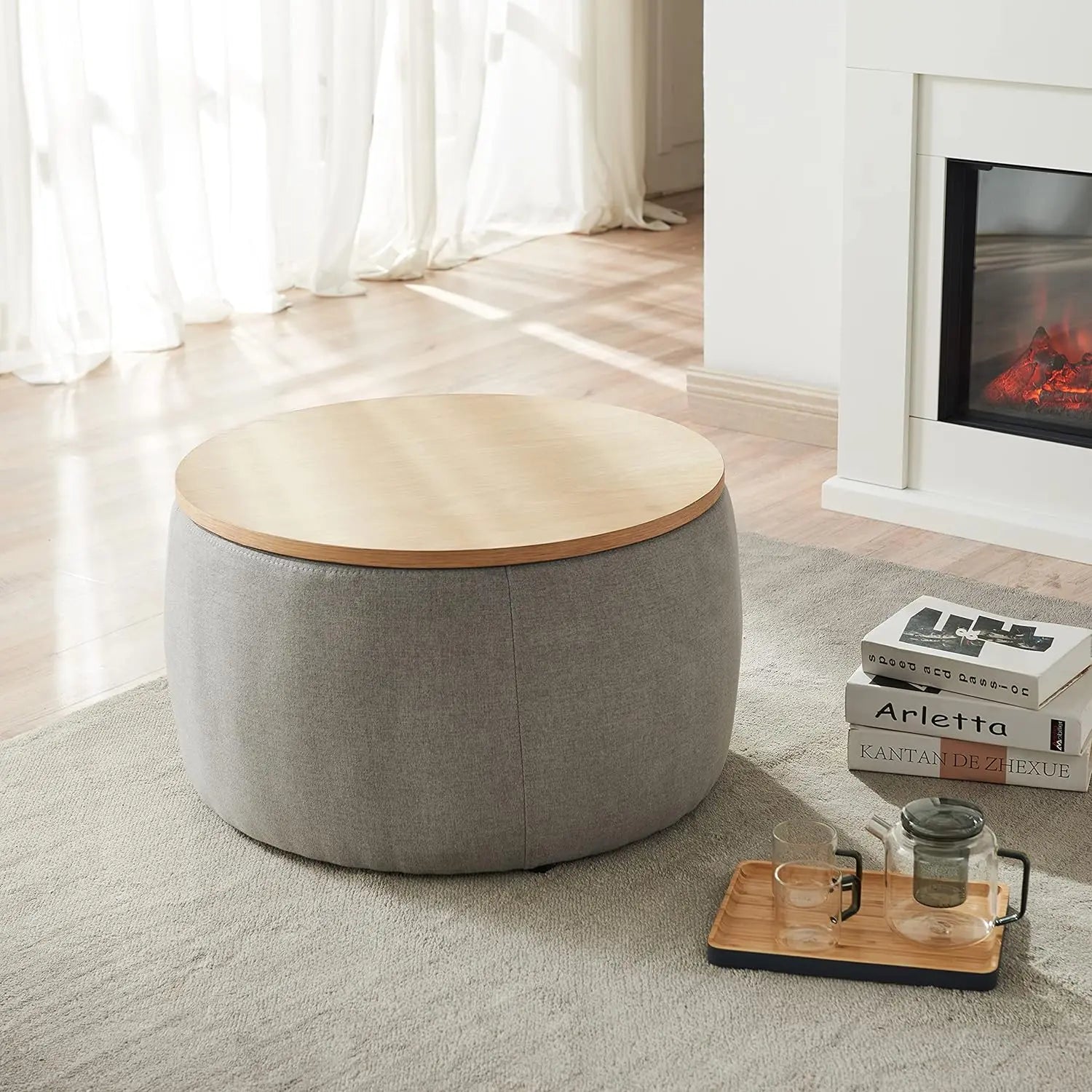 JUSTIN Modern Round Storage Ottoman with Wooden Lid – 25.5" W