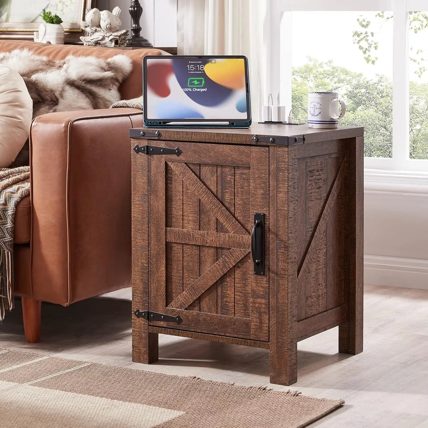 CAMILLA Rustic Farmhouse Barn Door Nightstand with Charging Station - 18'' Wide