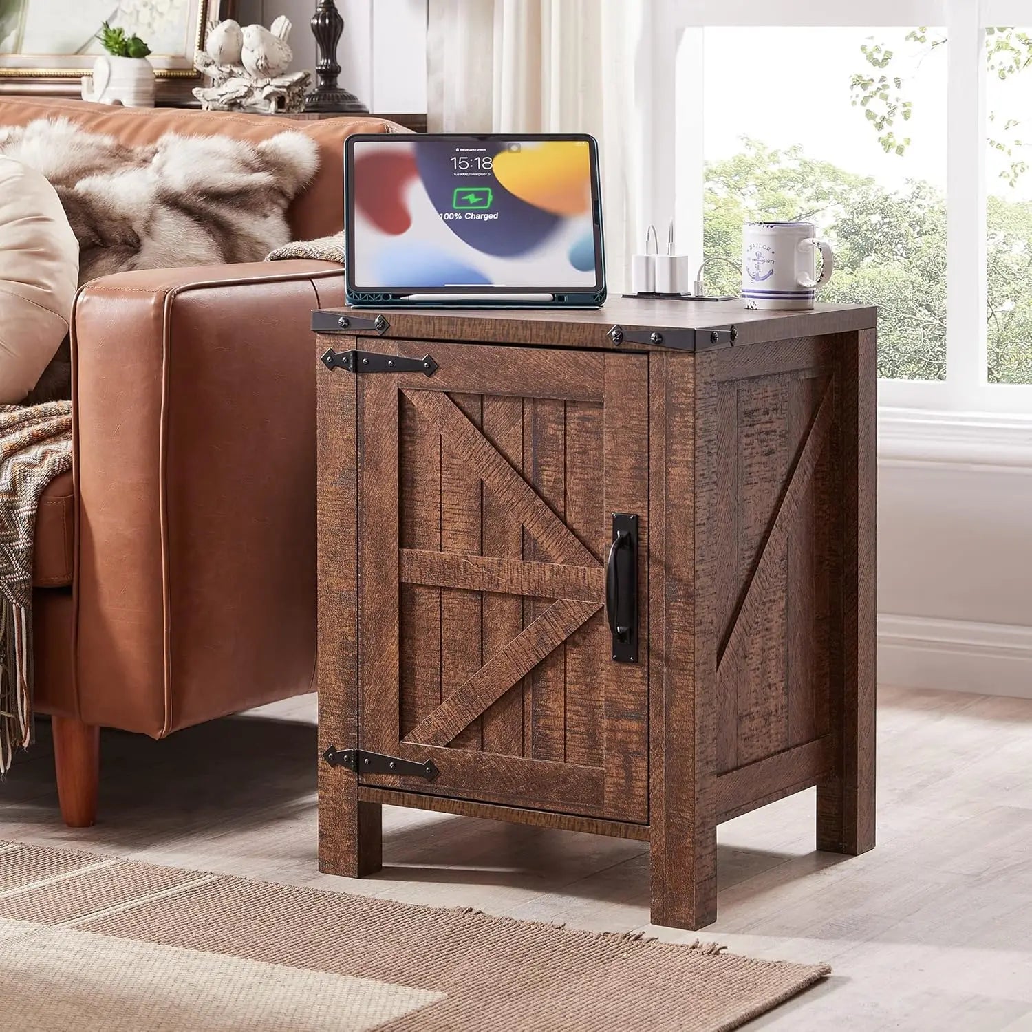 CAMILLA Rustic Farmhouse Barn Door Nightstand with Charging Station - 18'' Wide