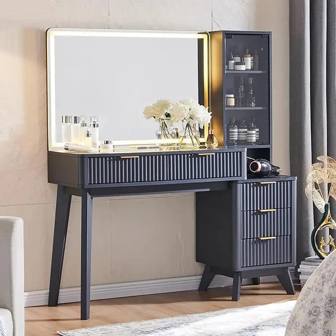 LILAH Modern Fluted Vanity Desk with LED Mirror & Storage - 48''