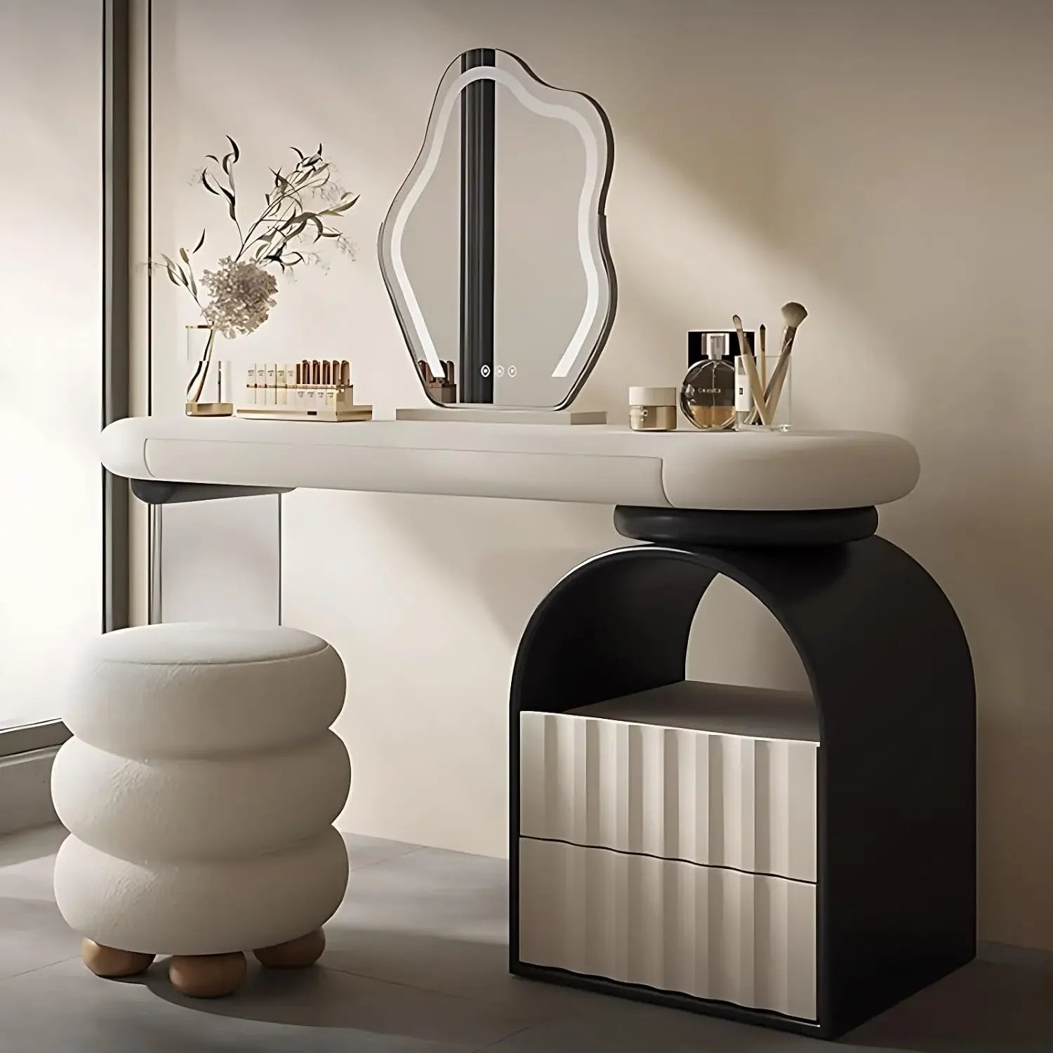 CALLIE Modern Off-White Vanity Table with Mirror & Storage