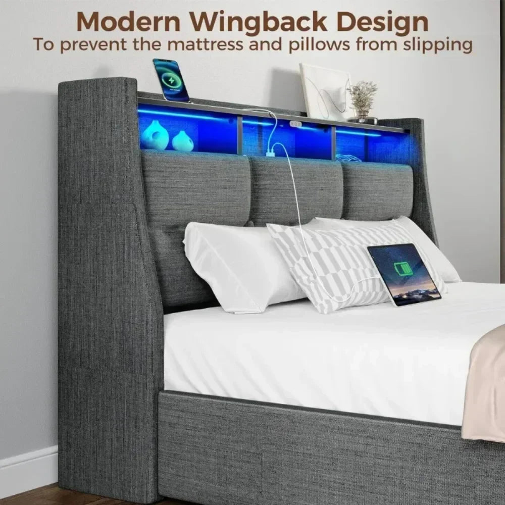 DELILAH Modern Upholstered Bed Frame with LED Lights, Storage Drawers & Charging Station